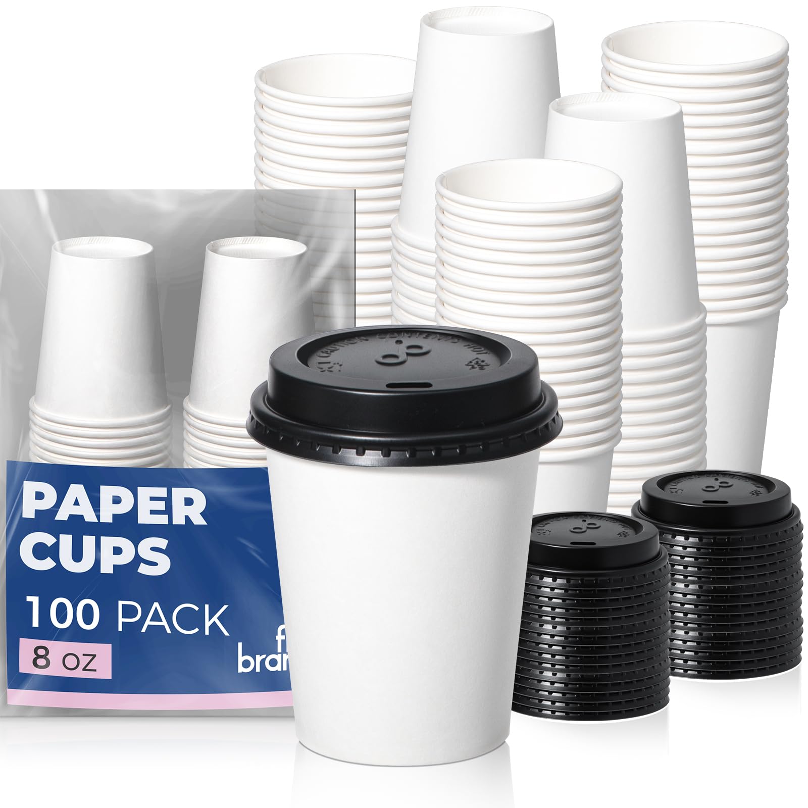 100 Pack] 8 Oz Disposable White Paper Cups with Black Lids - On